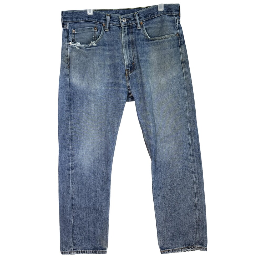 Levis 505 Jeans Mens 34x29 Blue Denim Distressed Straight Leg Medium Wash Pants